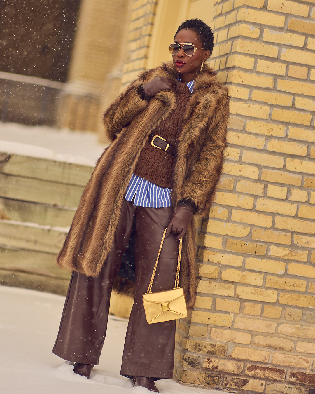 Luxurious Fur Coat with Striped Shirt and Leather Trousers Luxurious Fur Coat with Striped Shirt and Leather Trousers β Preppy Winter Outfits