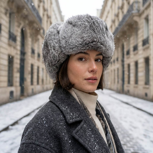 Large Grey Fur Hat with Grey Wool Coat and Cream Turtleneck Large Grey Fur Hat with Grey Wool Coat and Cream Turtleneck β Fur Hat Outfits