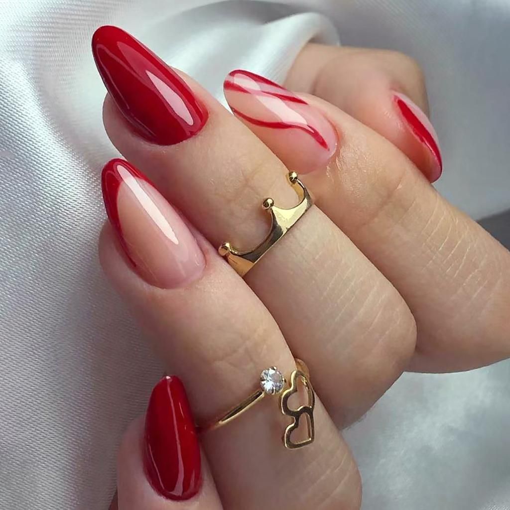 Wavy Red Line French Almond Nails Wavy Red Line French Almond Nails β Simple New Years Nails 2027