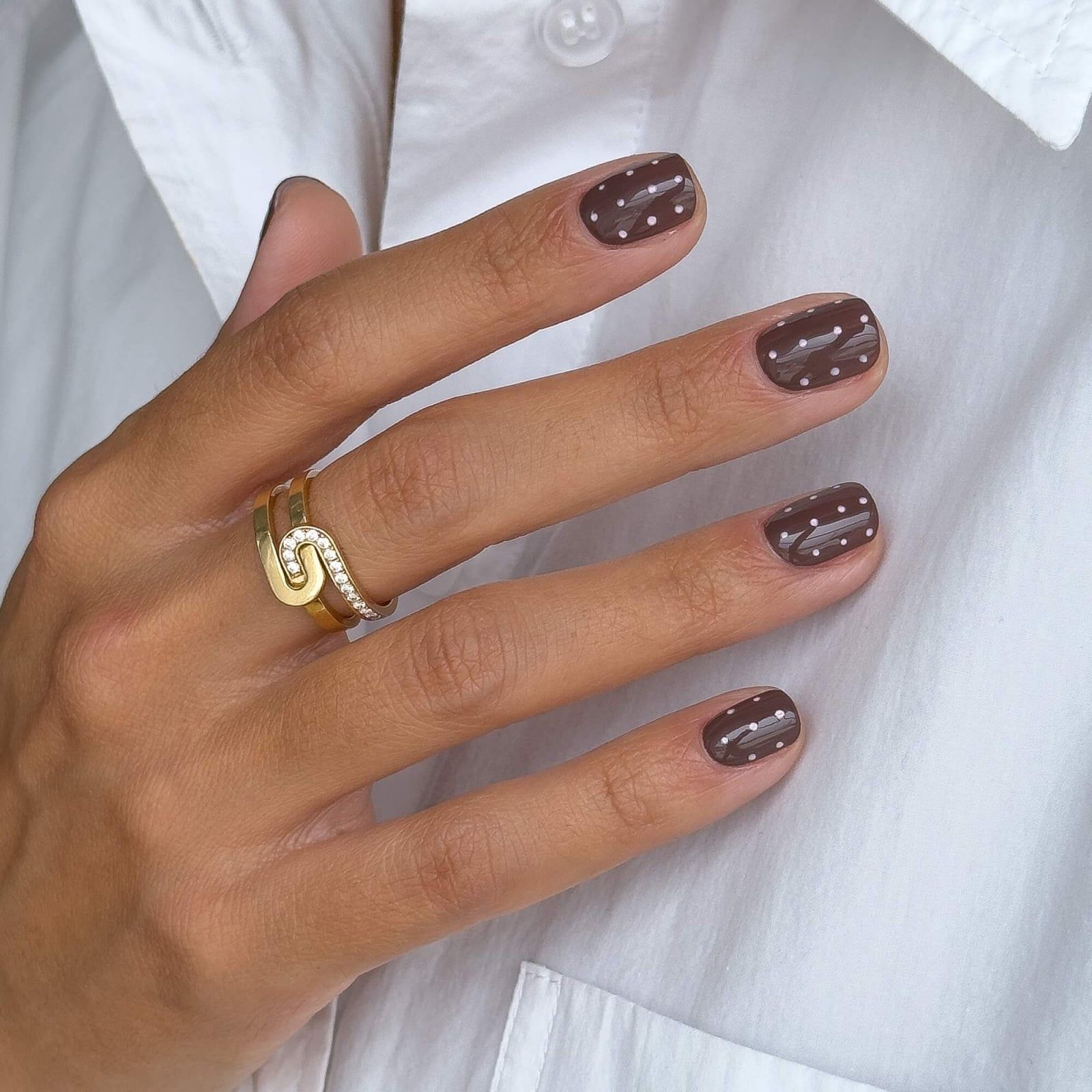 Dark Brown White Dot Polka Nails — Winter Nail Colors for Olive Skin