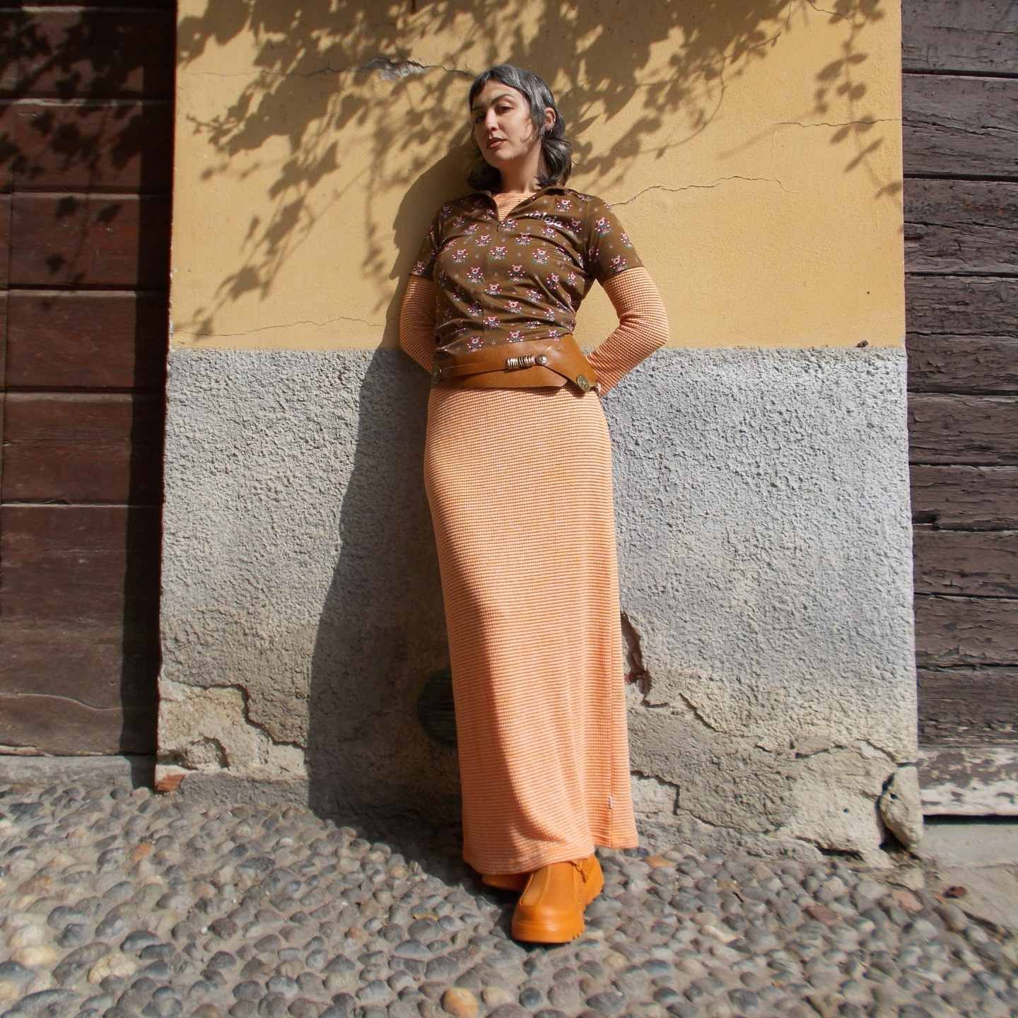 Bright Orange Boots with Striped Maxi Skirt — Ugg Boots Outfits