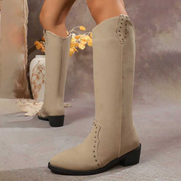 Beige Boots with Silver Stud Embellishments Beige Boots with Silver Stud Embellishments β Knee High Boots Outfits