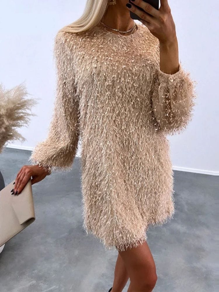 Shaggy Textured Shift Dress for Festive Occasions Shaggy Textured Shift Dress for Festive Occasions β Dressy Winter Outfits