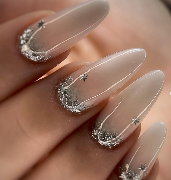 Sheer Nude With Silver Glitter Cuticle Detail Sheer Nude With Silver Glitter Cuticle Detail β NYE Nails 2027