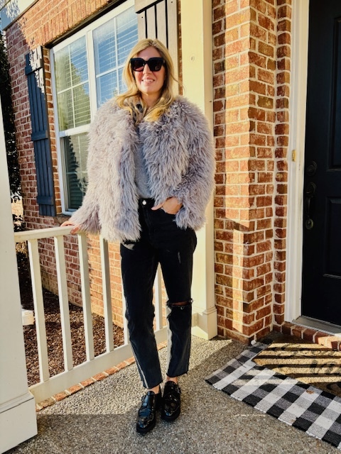 Cozy Grey Faux Fur Jacket Over a Knit Sweater — Late Winter Outfits