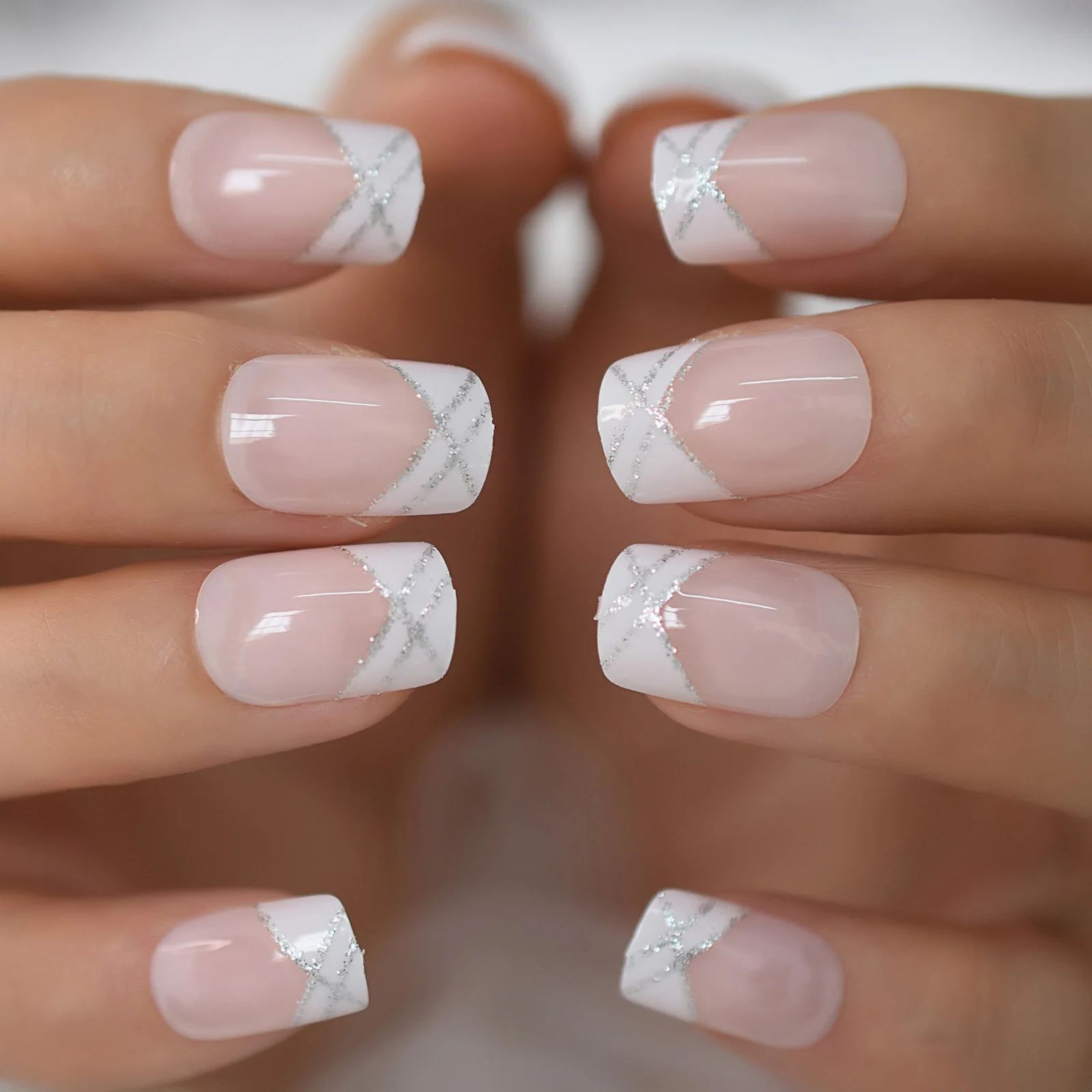 Nude French with Silver Glitter Criss-Cross Nude French with Silver Glitter Criss-Cross β New Years Square Nails 2027