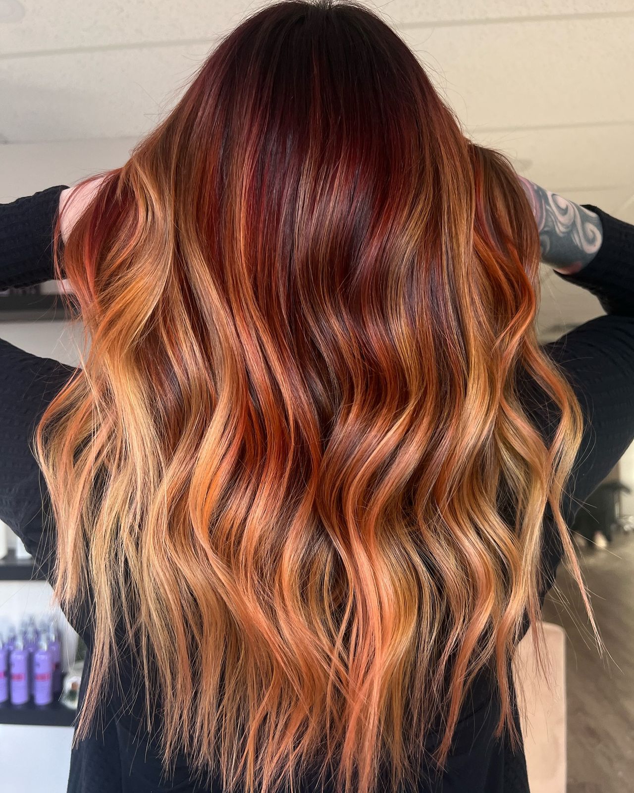 Dark Red Balayage With Fiery Orange Dark Red Balayage With Fiery Orange β Winter Red Hair Colors