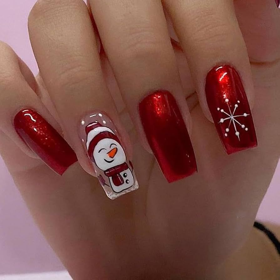 Metallic Red Snowman Clear Accent Nails Metallic Red Snowman Clear Accent Nails β Winter Work Nails