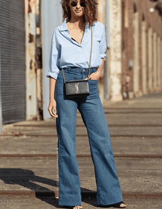 Casual Cool: Blue Denim Flare Jeans with Bra Detail — Flare Leggings Outfits