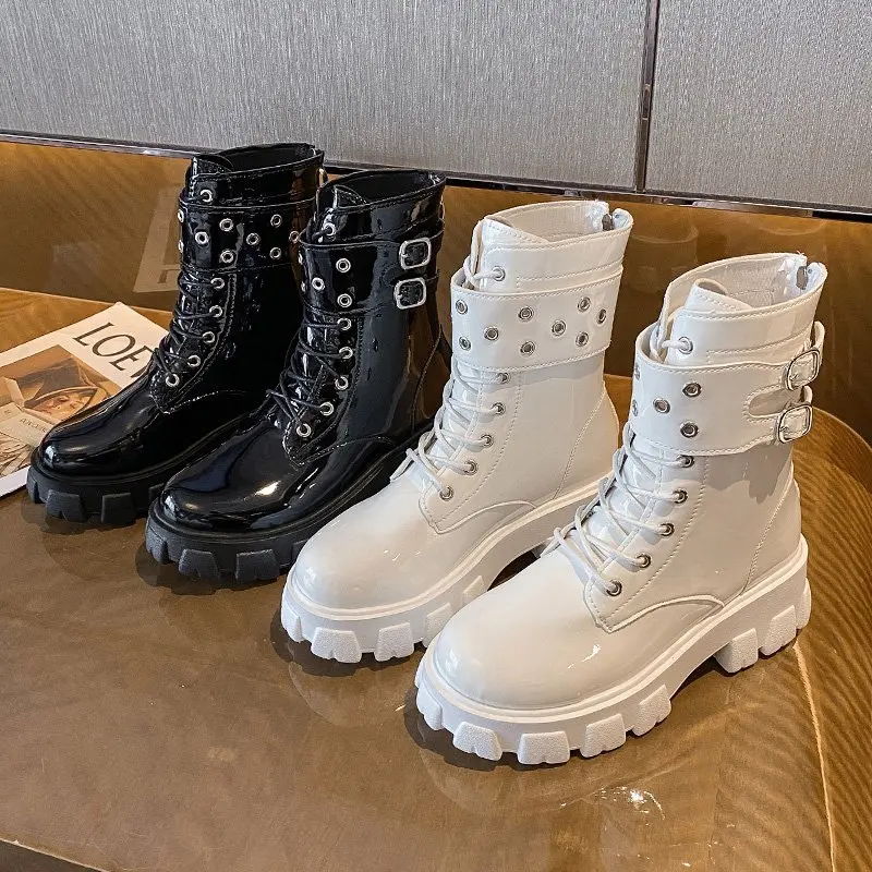 Two-Tone Shine: Patent Leather Combat Boots with Buckles and Laces Two-Tone Shine: Patent Leather Combat Boots with Buckles and Laces β Combat Boots Outfits