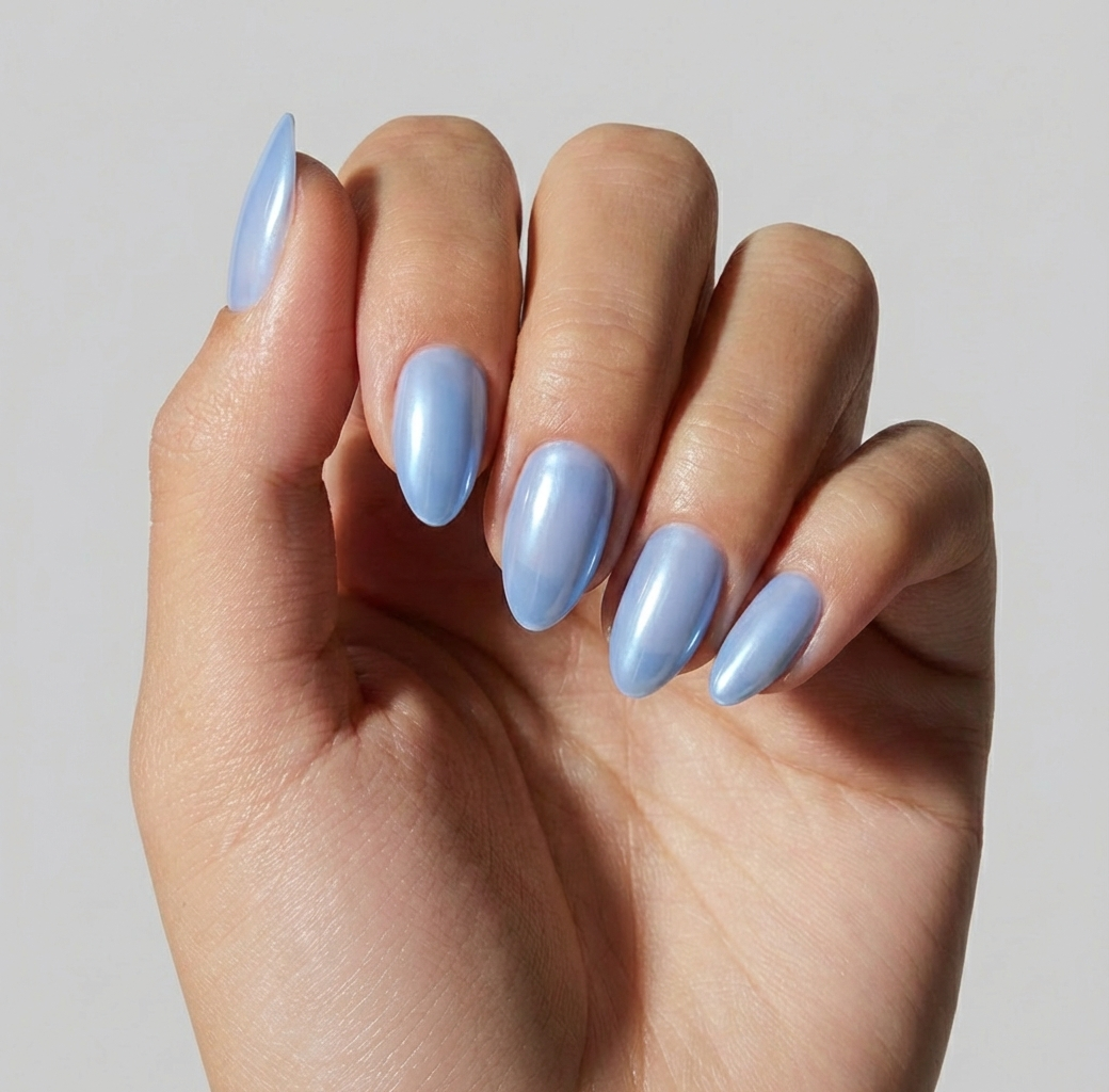 Pearlescent Sheen Pale Blue Almond Nails Pearlescent Sheen Pale Blue Almond Nails β Icy Blue Nails