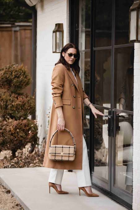 Sophisticated Brown Wool Coat with White Trousers — Brown Coat Outfits