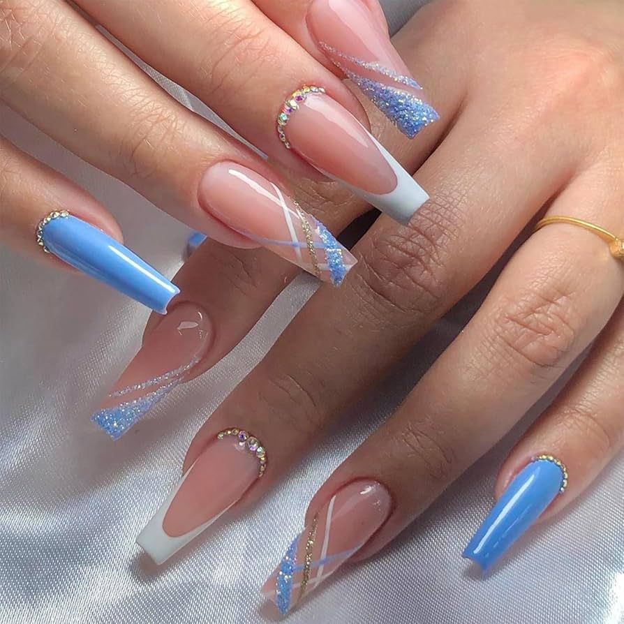 Winter French with Blue Accents — Long Winter Coffin Nails