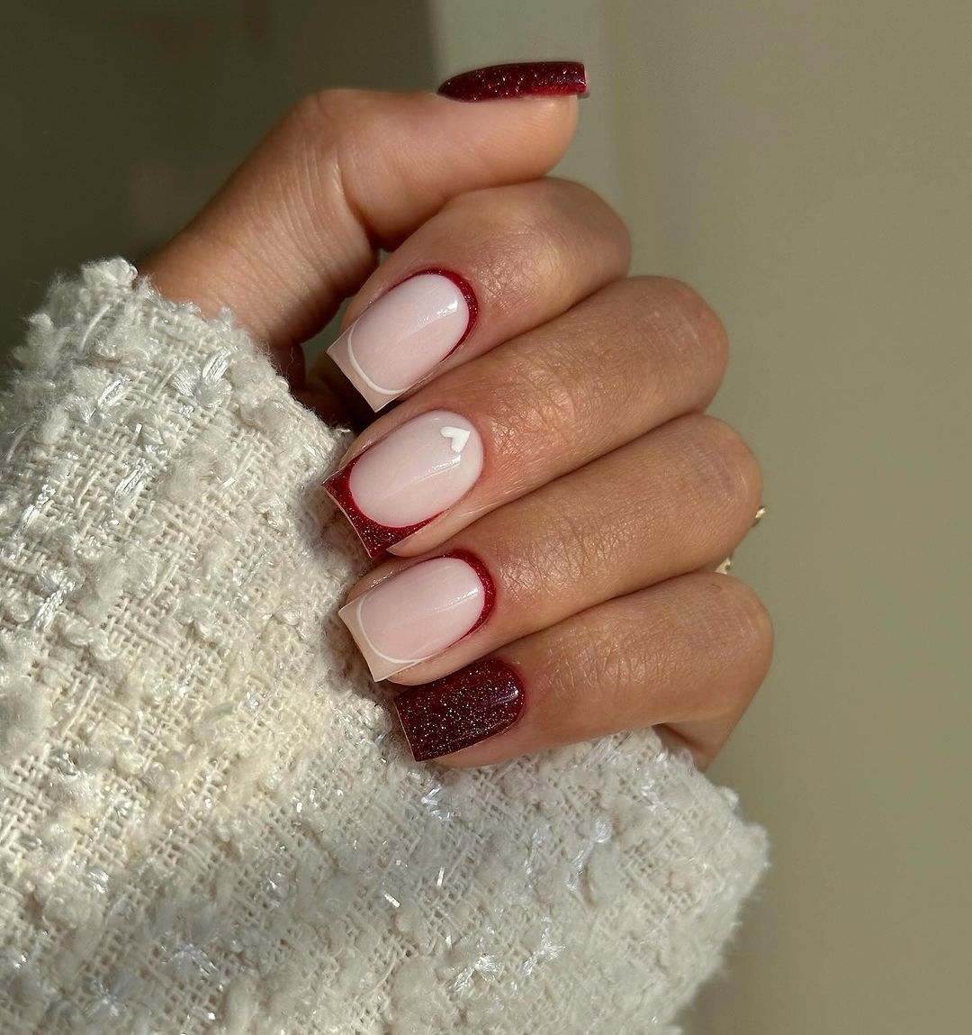 Nude Red Glitter French Heart Nails Nude Red Glitter French Heart Nails β Classy Short Winter Nails