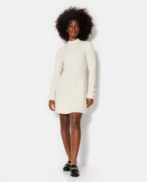 Ivory Ribbed Mock Neck Mini Dress with Gold Chain Loafers Ivory Ribbed Mock Neck Mini Dress with Gold Chain Loafers โ Sweater Dress Outfits