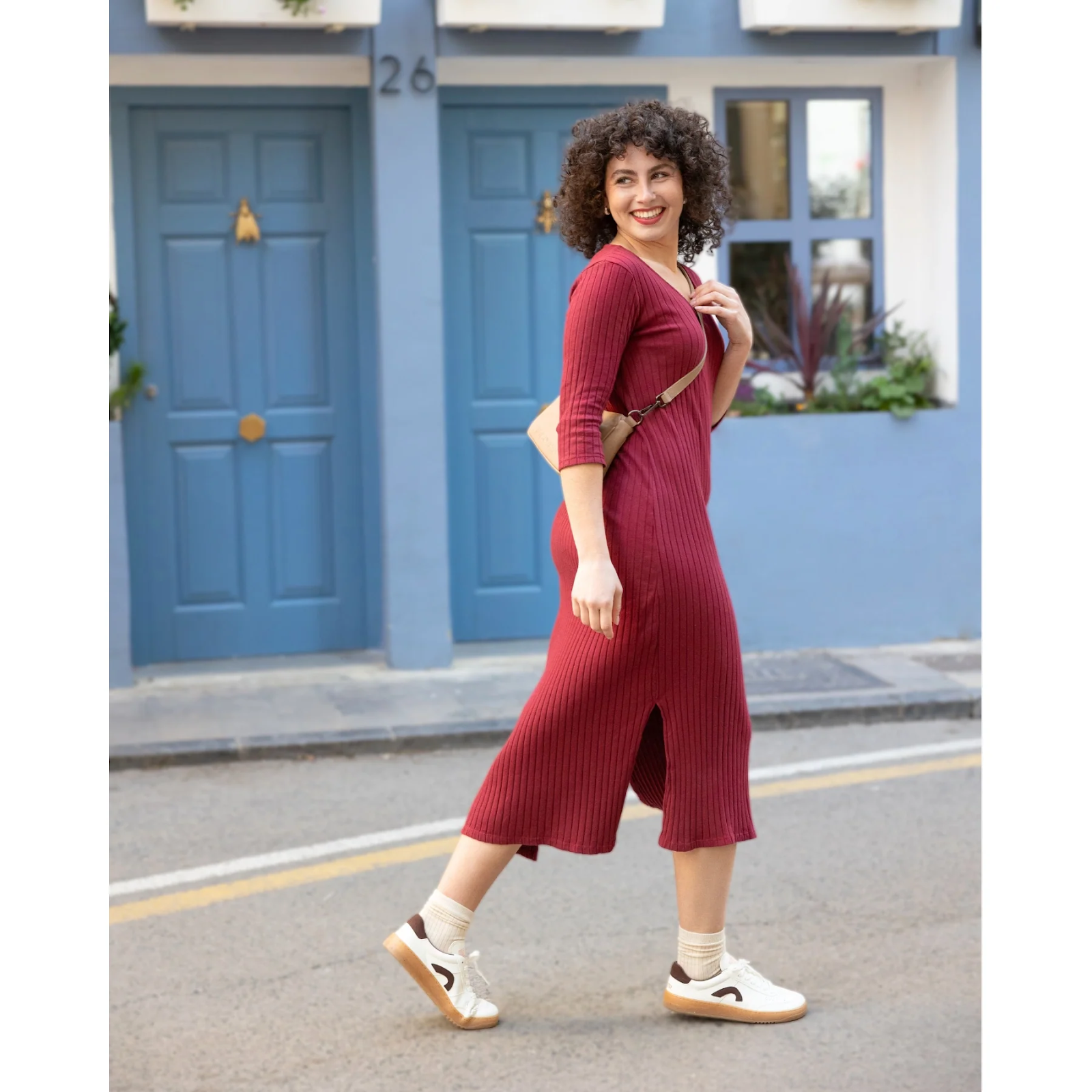 Ribbed Burgundy Dress and Accent Sneakers Ribbed Burgundy Dress and Accent Sneakers β Winter Outfits with Sneakers