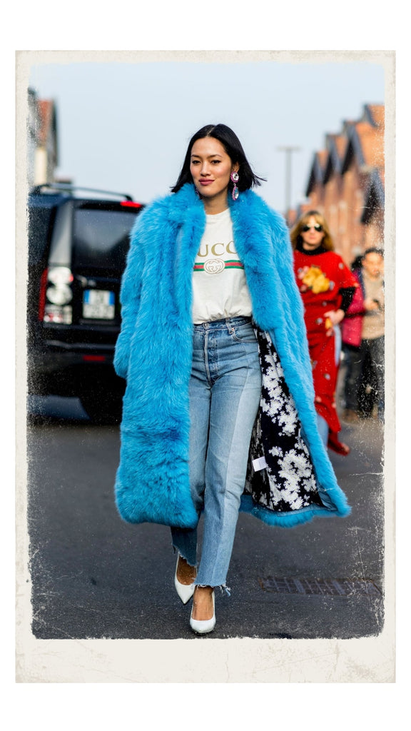 Vibrant Blue Long Faux Fur Coat with White Heels Vibrant Blue Long Faux Fur Coat with White Heels โ Faux Fur Coat Outfits