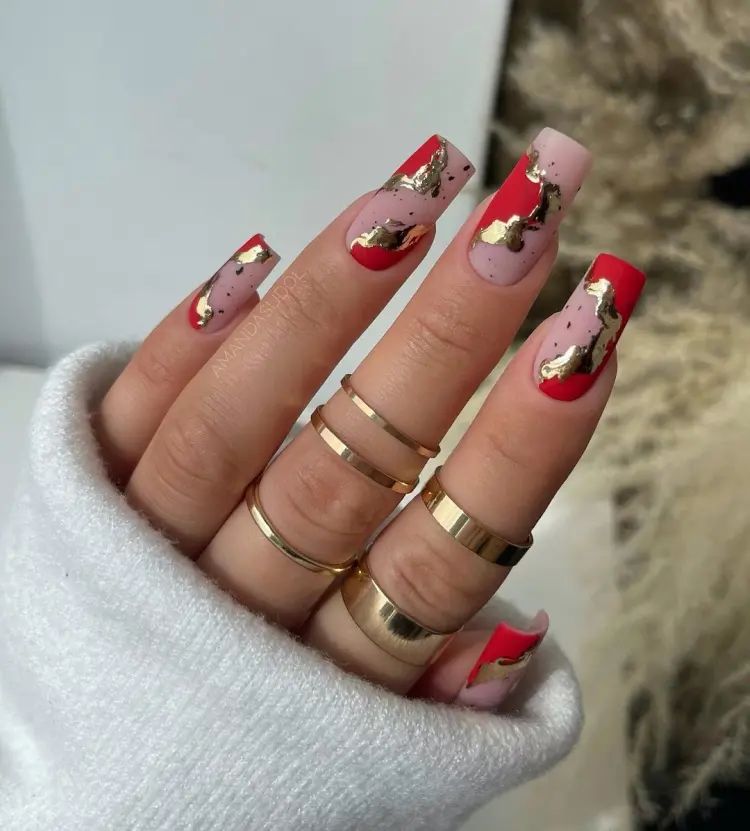 Long Square Nails with Abstract Gold Foil Long Square Nails with Abstract Gold Foil β Red and Gold Christmas Nails 2026