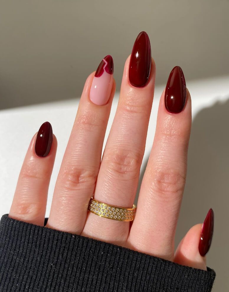 Modern Burgundy Abstract Almond Nails Modern Burgundy Abstract Almond Nails β Burgundy Christmas Nails 2026