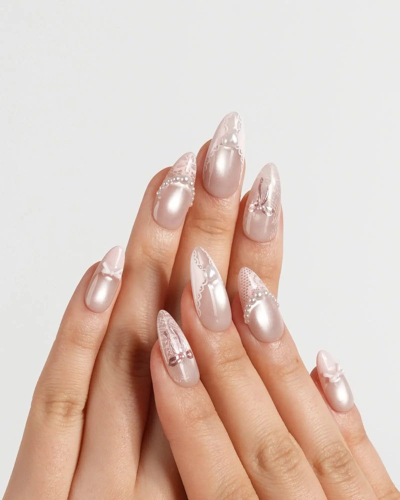 Pale Pink Pearl Beading and Bow Nails — Winter Pearl Nails