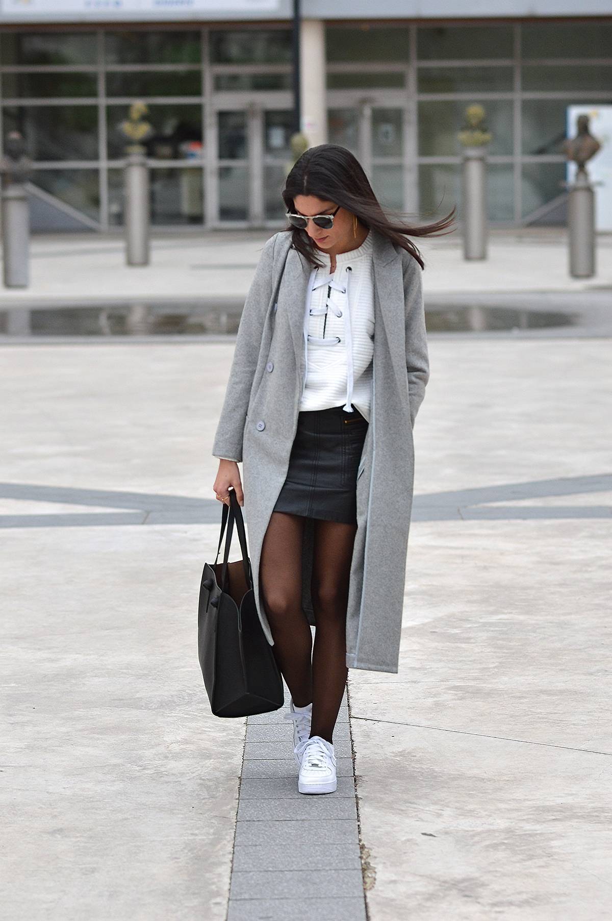 Layered for Comfort: Sweatshirt, Coat, and Mini — Leather Skirt Outfits