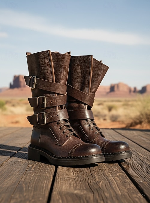 Avant-Garde Urban: Brown Leather Combat Boots with Multiple Buckle Straps Avant-Garde Urban: Brown Leather Combat Boots with Multiple Buckle Straps β Combat Boots Outfits