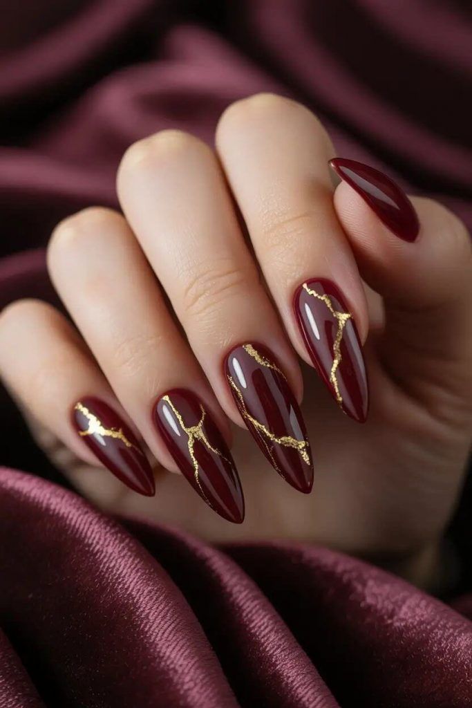 Edgy Stiletto Cherry with Gold Foil Edgy Stiletto Cherry with Gold Foil β Black Cherry Nails