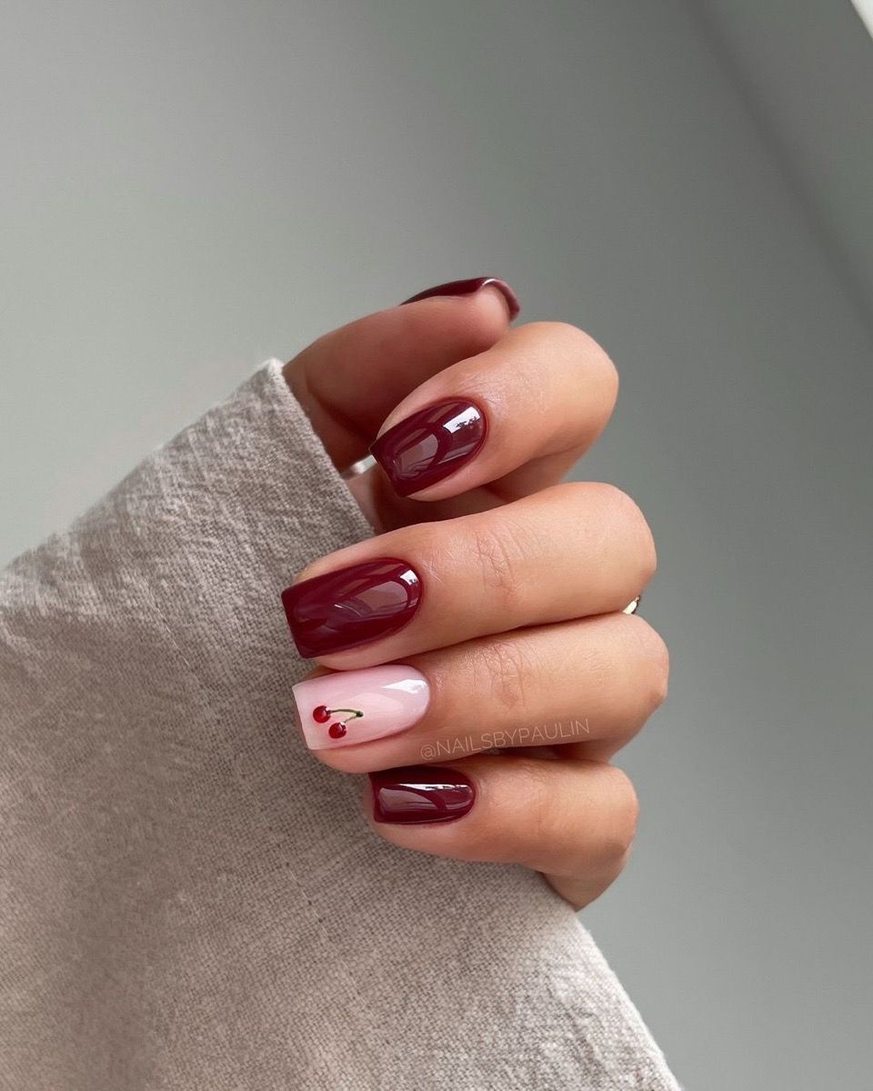 Short Oval Nails With Cute Cherry Art Short Oval Nails With Cute Cherry Art β Cherry Red Nails