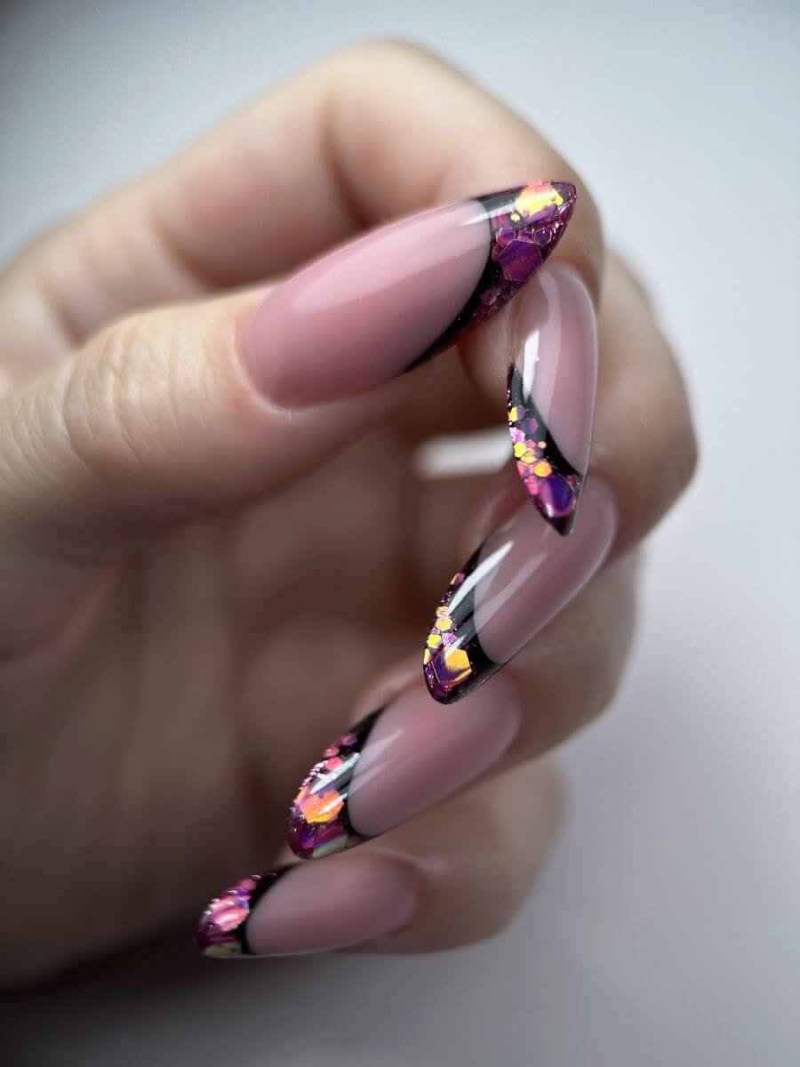 Glitter Black Almond French Tips Glitter Black Almond French Tips β Winter French Tip Nails