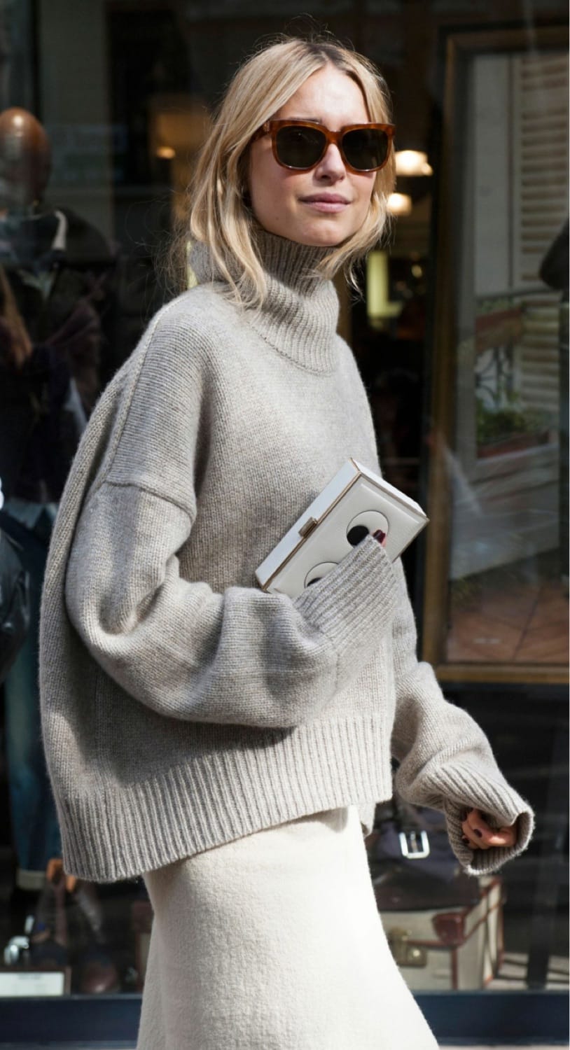 Minimalist Chic: Light Grey Turtleneck with A-Line Skirt — Oversized Sweater Outfits