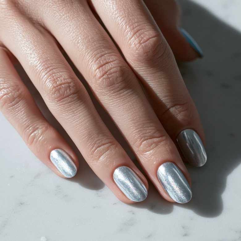Metallic Silver Chrome Ovals — New Years Press On Nails 2027