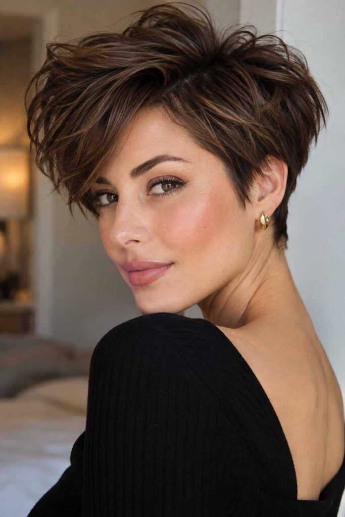 Textured Pixie with Subtle Blonde Textured Pixie with Subtle Blonde β Winter Highlights