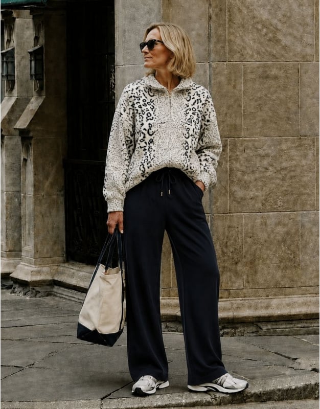 Playful Leopard Fleece with Athleisure Bottoms Playful Leopard Fleece with Athleisure Bottoms β Winter Outfits for Women Over 40