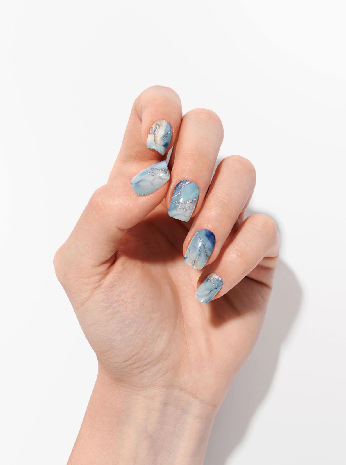 Light Blue Marble with Silver Glitter — Winter Marble Nails