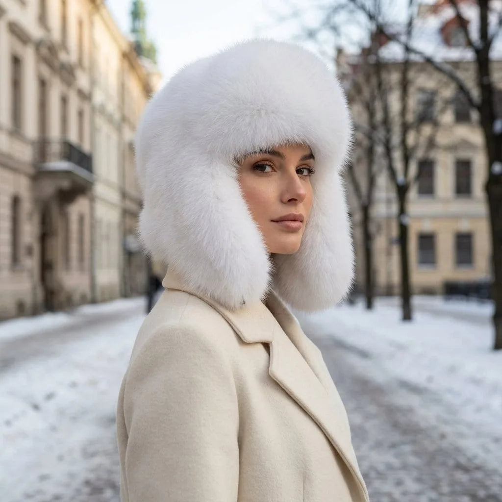Voluminous White Fur Hat with a Cream Wool Coat Voluminous White Fur Hat with a Cream Wool Coat β Fur Hat Outfits