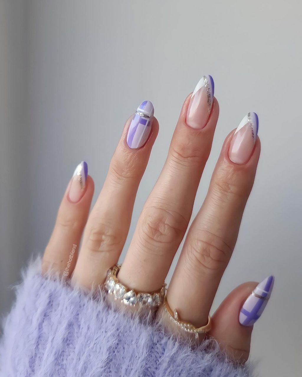 Purple Silver Geometric Almond Nails Purple Silver Geometric Almond Nails โ Winter Formal Nails