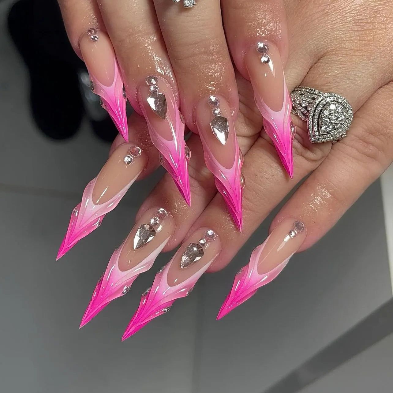 Neon Pink Gradient Stilettos with Rhinestones Neon Pink Gradient Stilettos with Rhinestones β New Years Stiletto Nails 2027