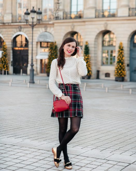 Lace Top and Plaid Skirt with Gold Ballet Flats for a Holiday Party — Winter Party Outfits