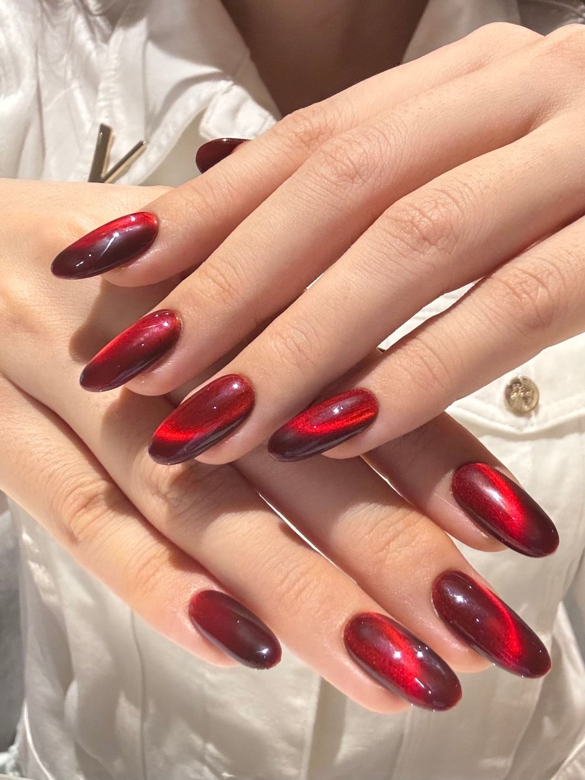 Deep Ruby Red Metallic Cat Eye Deep Ruby Red Metallic Cat Eye β Winter Red Nails