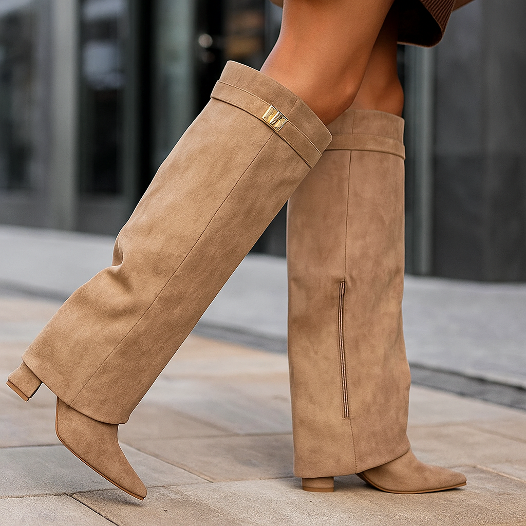 Taupe Suede Boots with Gold Buckle Detail Taupe Suede Boots with Gold Buckle Detail β Knee High Boots Outfits