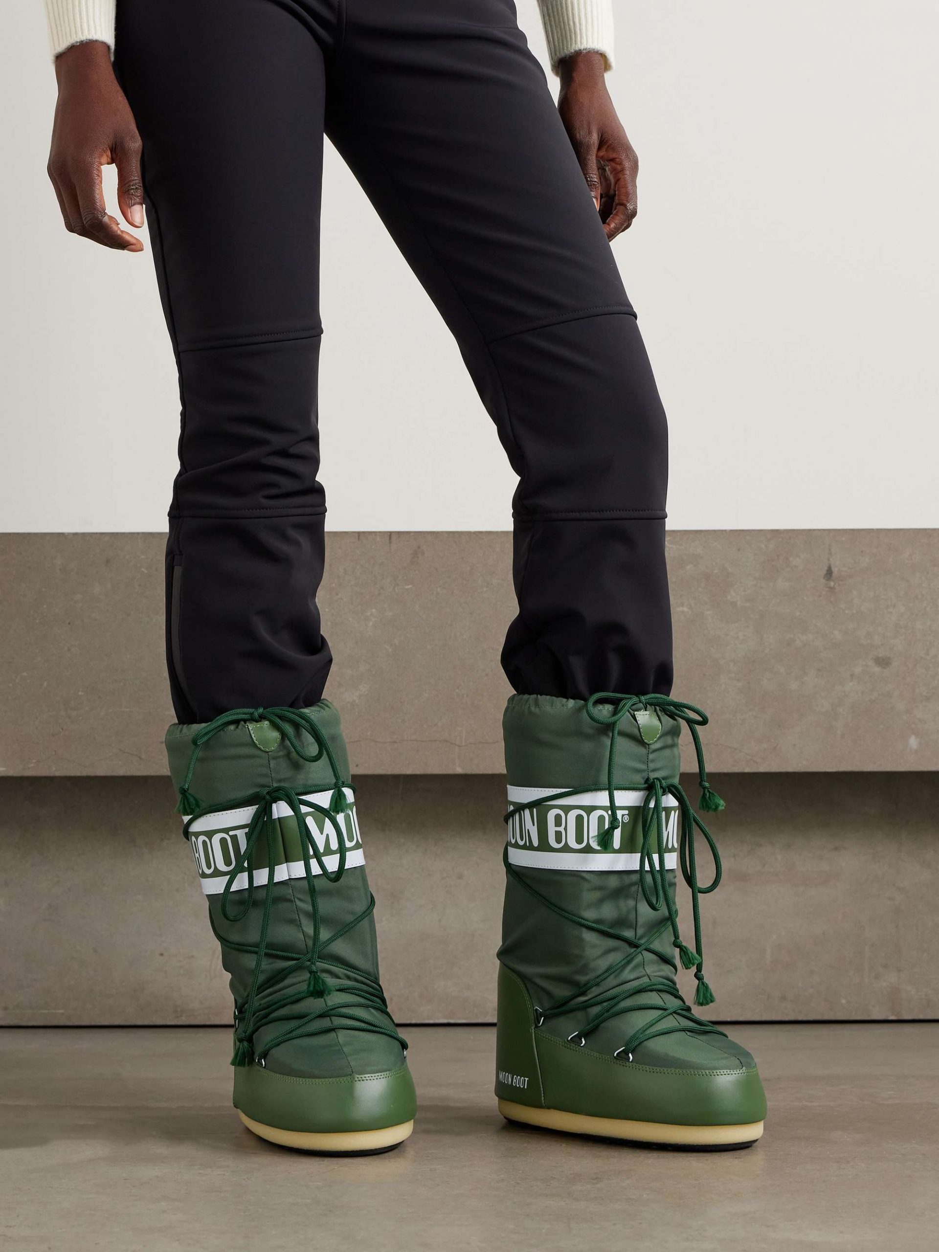 Ski Style: Green Snow Boots with Black Ski Pants — Moon Boots Outfits
