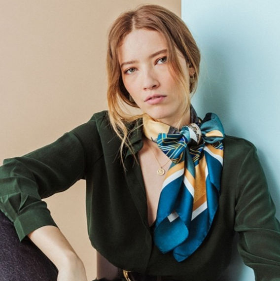 Geometric Silk Scarf Elevating a Dark Green Blouse Geometric Silk Scarf Elevating a Dark Green Blouse β Scarf Outfits