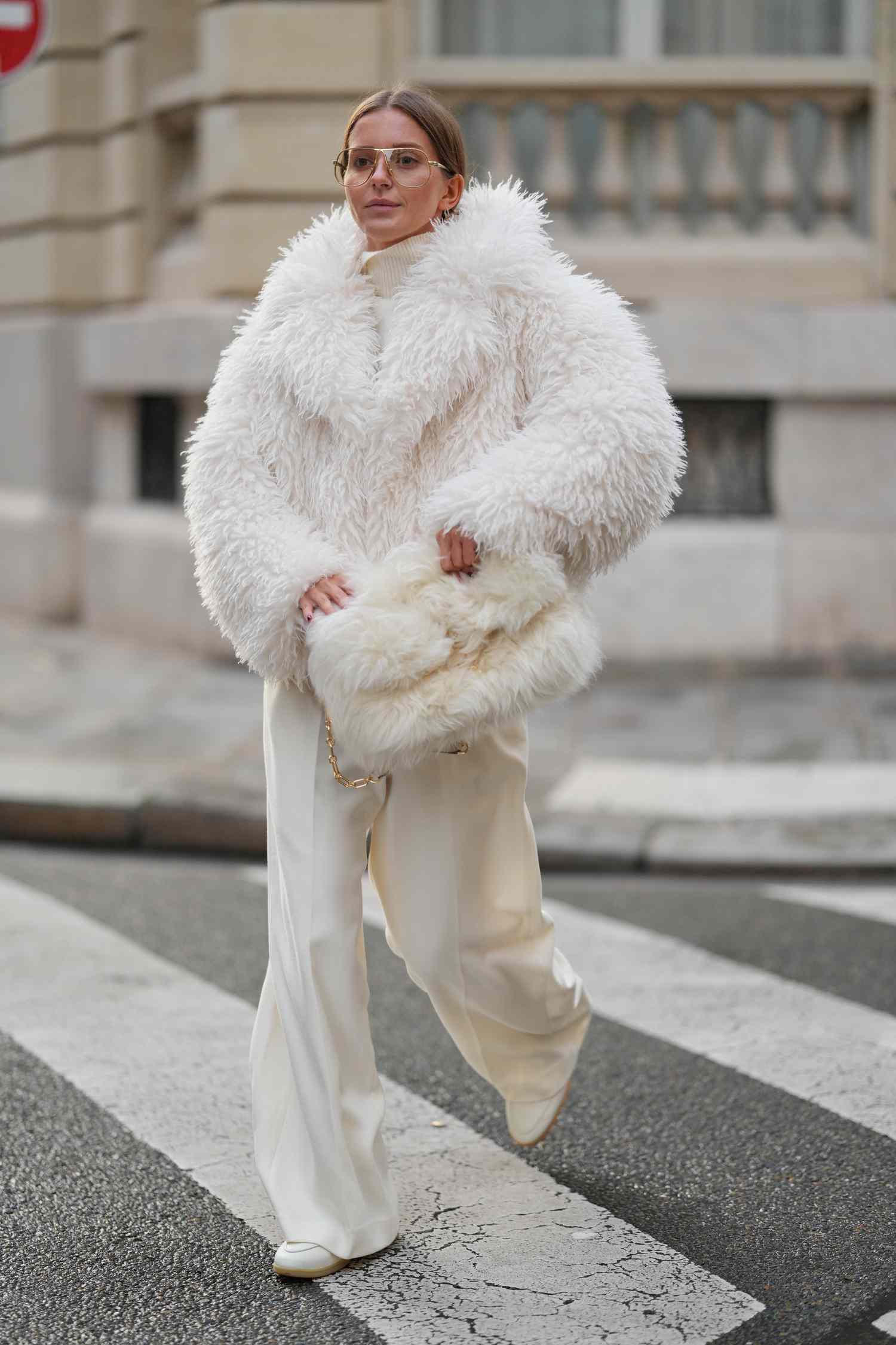 Monochromatic White Faux Fur Jacket and Wide-Leg Pants — January Outfits