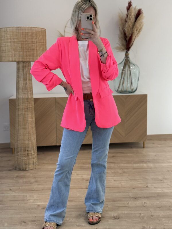 Bold Contrast: Light Blue Flare Jeans with Pink Blazer — Flare Leggings Outfits