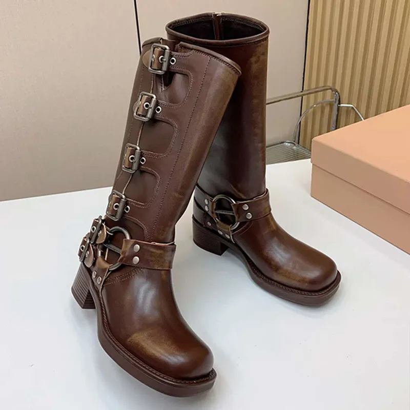Dark Brown Moto-Style Leather Boots with Buckles — Brown Boots Outfits