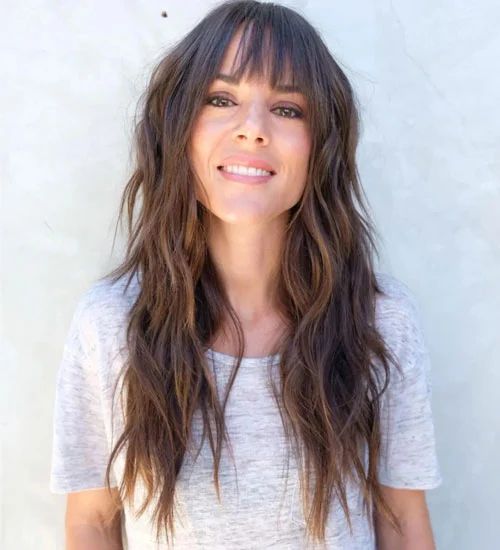 Full Bangs Mid-Back Dark Brown Shag Straight Volume Full Bangs Mid-Back Dark Brown Shag Straight Volume β Winter Shag Haircuts