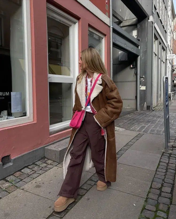 Platform Clogs with Cargo Pants and Shearling Coat — Ugg Boots Outfits