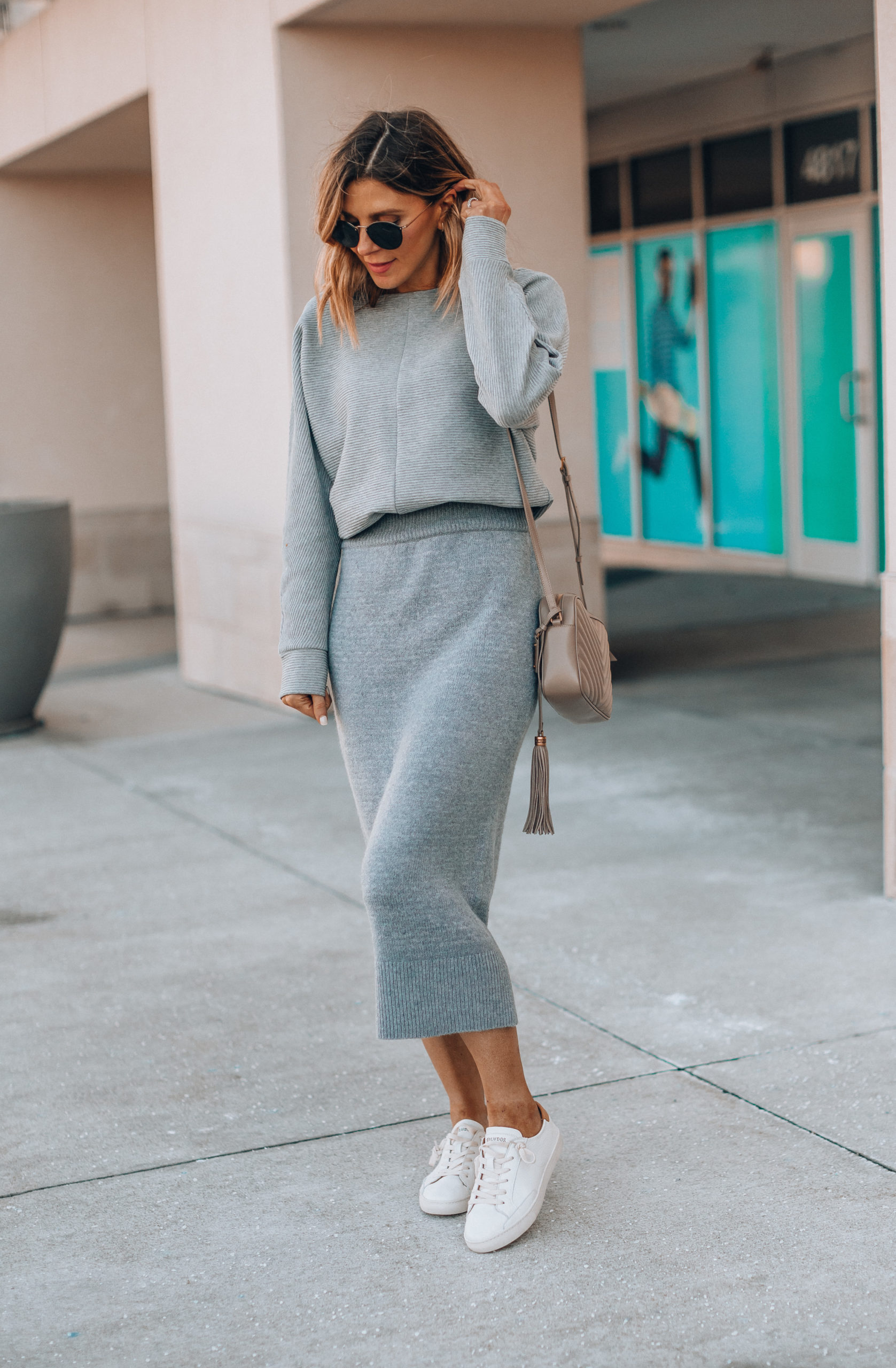 Grey Knit Sweatshirt and Midi Skirt Set Grey Knit Sweatshirt and Midi Skirt Set β Winter to Spring Transition Outfits