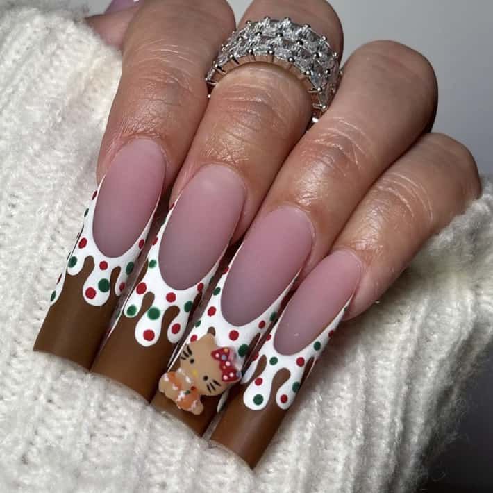 Matte Pink Gingerbread Drip Stiletto Nails Matte Pink Gingerbread Drip Stiletto Nails β Hello Kitty Christmas Nails 2026