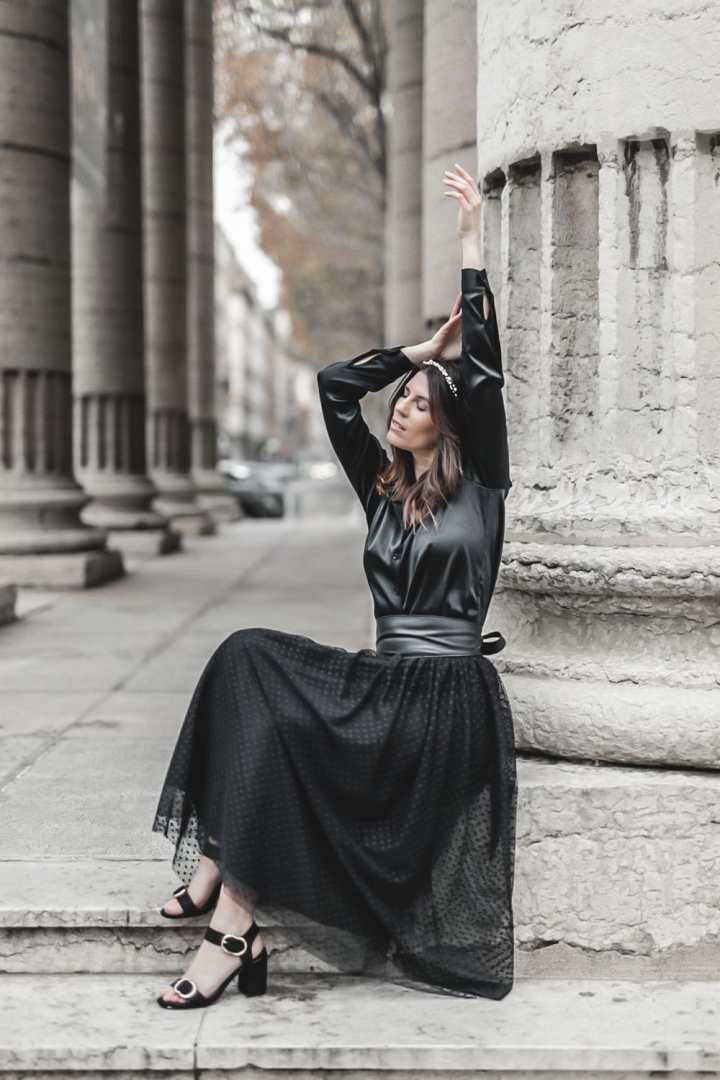 Elegant Satin and Textured Skirt for Evening — All Black Winter Outfits